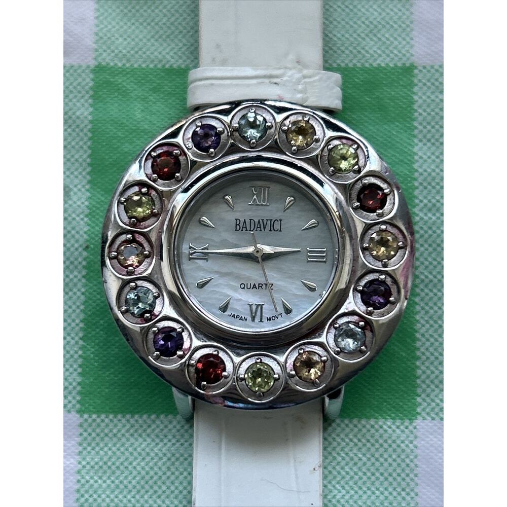Badavici Multicolored Stone Bezel Silver Tone Women’s Quartz Watch MOP Dial